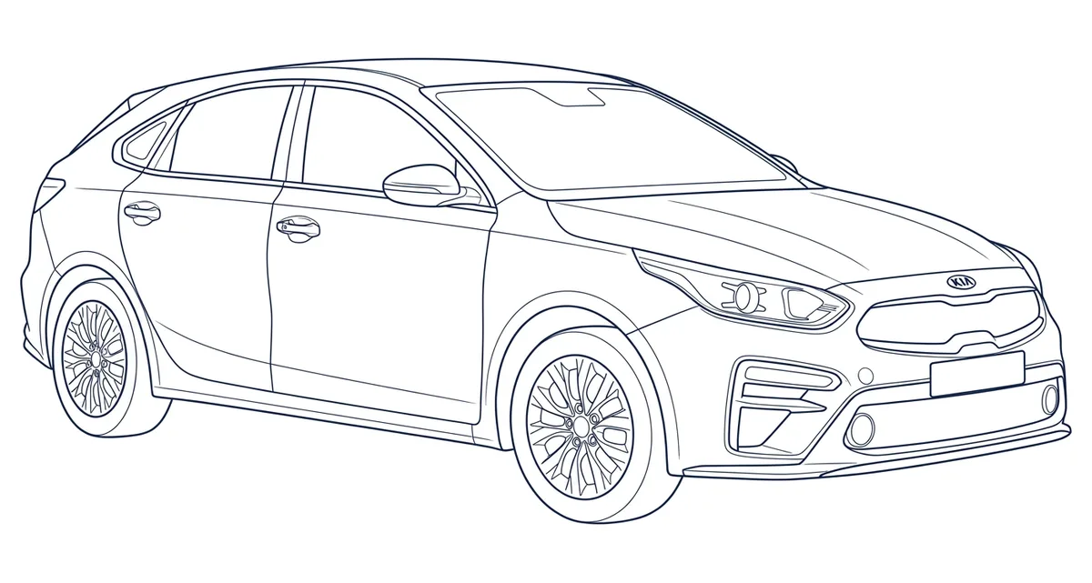Line drawing of a Kia Cerato hatch (BD), numbered where the VIN is